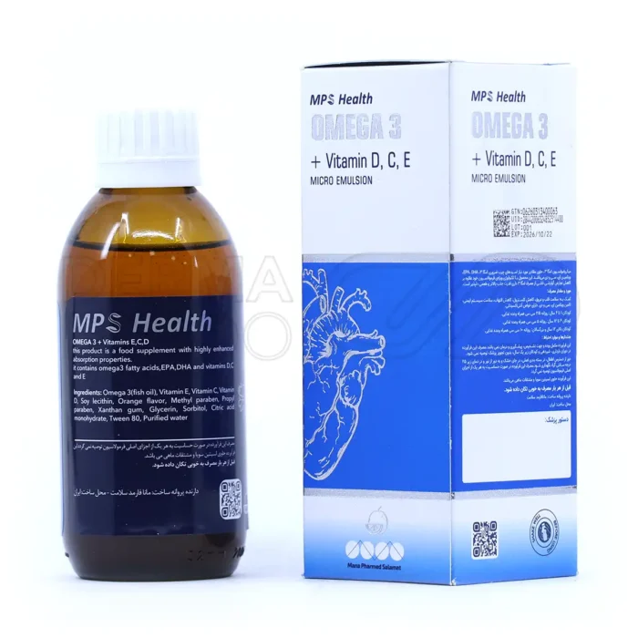 شربت امگا 3 میکرو امولسیون مانا فارمد سلامت با طعم پرتقال، در بسته‌بندی بهداشتی، تقویت‌کننده قلب و سیستم ایمنی