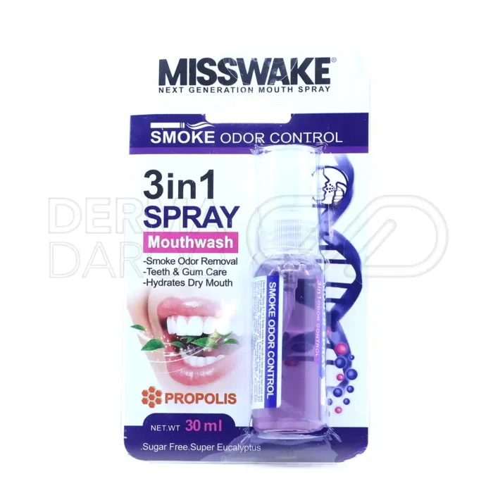 misswake-3-in-1-mouthwash-super-eucalyptus-spray-30ml (1) دهانشویه میسویک در بستهبندی بهداشتی، با عصاره پروپولیس و نعنا، خوشبوکننده و محافظ لثه و دندانها