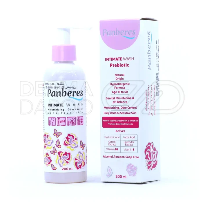 panberes-feminine-intimate-gel-for-sensitive-skin-400ml (1) ژل بهداشتی بانوان پنبه ریز در بستهبندی شیک، حاوی هیالورونیک اسید و اسطوخودوس، مناسب پوست حساس، رطوبترسان واژن