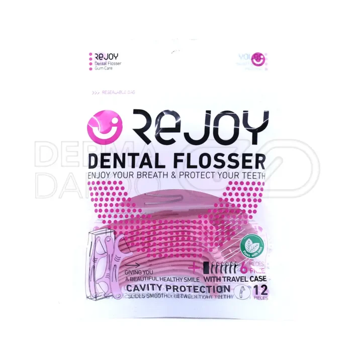 rejoy-dental-flosser-12-pcs (1) نخ دندان کمانی ریجوی در بستهبندی بهداشتی، با طراحی ارگونومیک و نخ مقاوم، مناسب تمیز کردن فضای بین دندانها