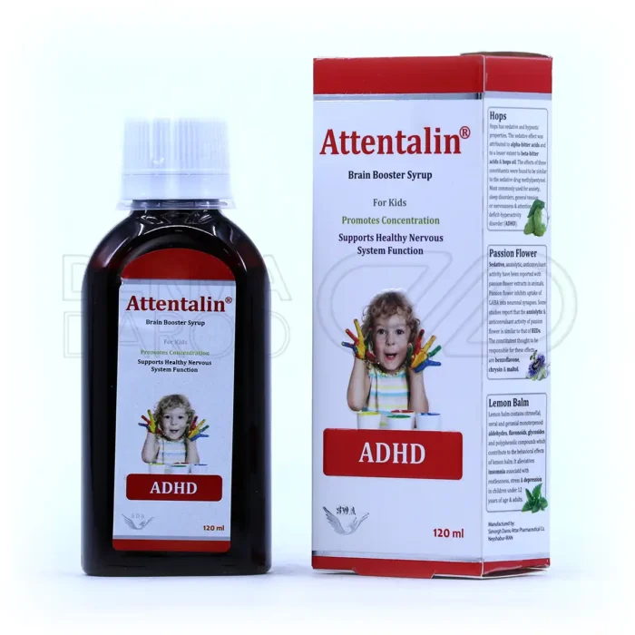 شربت اتنتالین گیاهی در بسته‌بندی بهداشتی، با عصاره بادرنجبویه و گل ساعتی، بهبود بیش‌فعالی و تمرکز کودکان