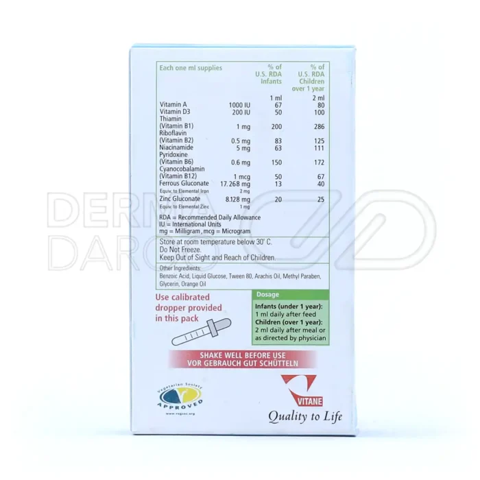 قطره ویتان با طعم پرتقال، حاوی زینک و فروس گلوکنات، متابولیسم و تغذیه بدن کودکان را حمایت می‌کند