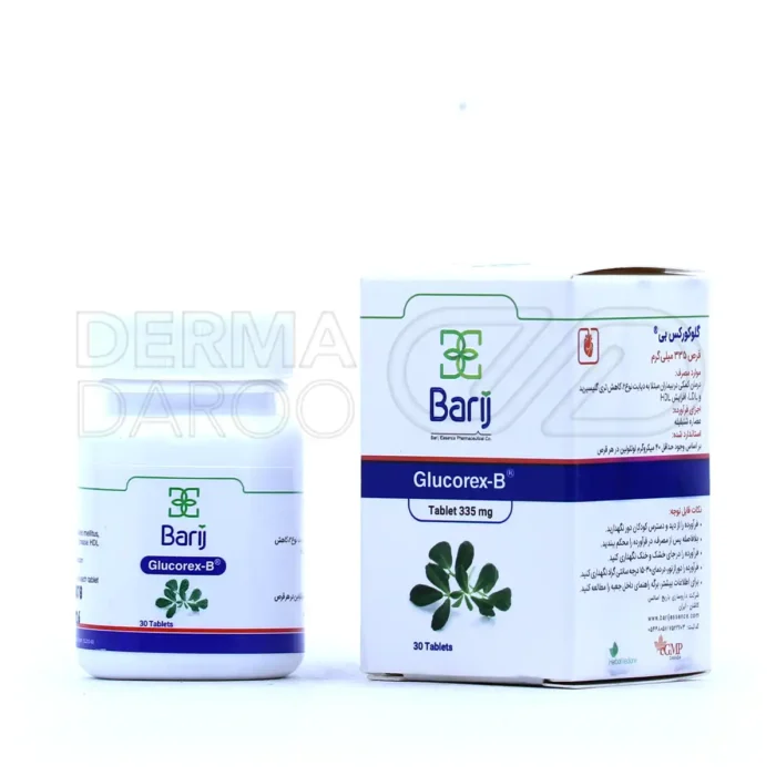 barij-essence-glucorex-b-tablets (1) قرص گلوکورکس-بی باریج اسانس در بستهبندی، حاوی عصاره شنبلیله و 46.4 میکروگرم لوتئولین، کاهش قند خون