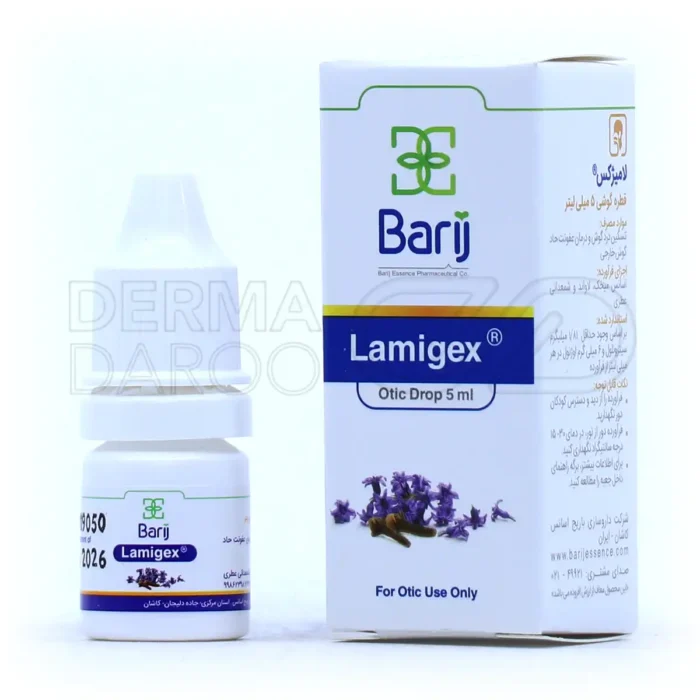 قطره لامیژکس باریج اسانس در بطری تیره، حاوی عصاره میخک و اسطوخودوس، ضدعفونی کننده گوش، 100% گیاهی