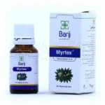 محلول میرتکس باریج اسانس در بطری تیره، حاوی اسانس مورد و 1 و 8 سینئول، ضد آفت و تبخال دهانی