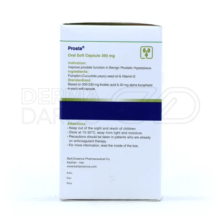 کپسول پروستا باریج اسانس 60 عددی، بهبود عملکرد پروستات، حاوی عصاره دانه کدو، ضد اختلالات ادراری