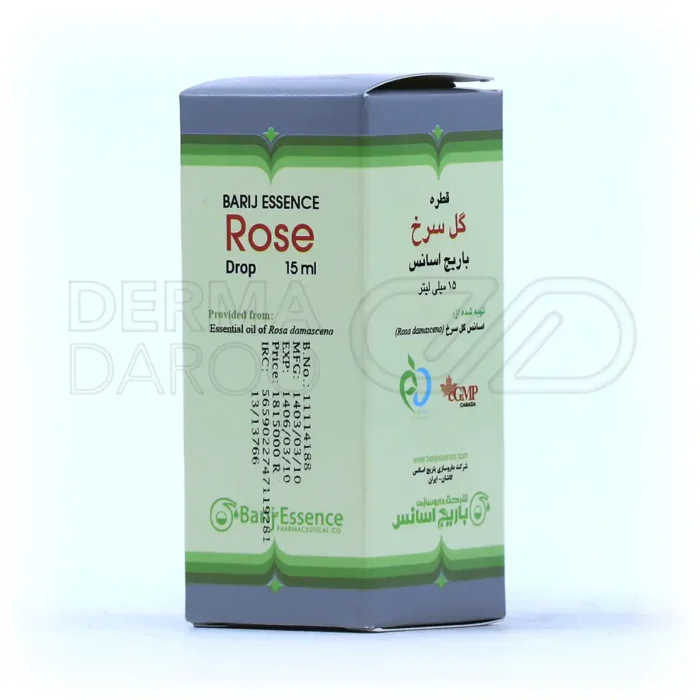 قطره خوراکی گل سرخ باریج اسانس در بطری تیره، حاوی اسانس گل محمدی، ضد اضطراب و آرامش‌بخش