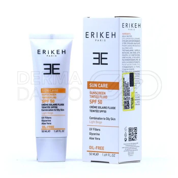 کرم ضد آفتاب اریکه SPF 50 در تیوپ سفید، فاقد چربی، حاوی تیتانیوم دی اکساید، مناسب پوست چرب