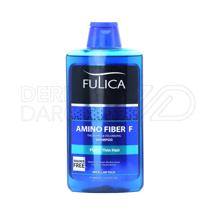 شامپو فولیکا در بطری شفاف، حاوی عصاره رزماری و کلاژن، فاقد سولفات، تقویت کننده موهای نازک و کم حجم