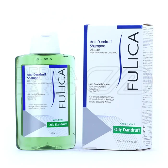 fulica-anti-dandruff-shampoo-oily-scalp (1) شامپو فولیکا در بطری شفاف، حاوی عصاره گزنه و روغن درخت چای، ضد شوره چرب و پاکسازی کننده پوست سر