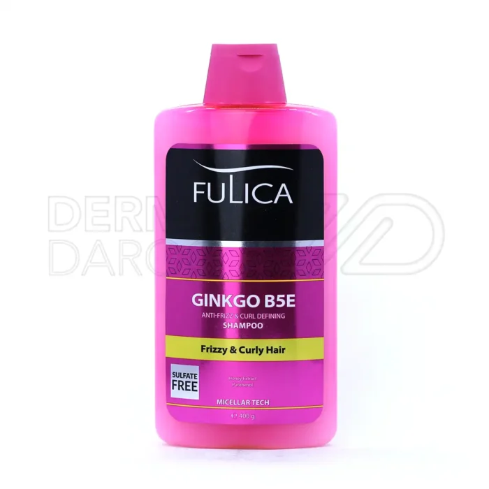 fulica-ginkgo-b5e-shampoo (1) شامپو فاقد سولفات فولیکا در بطری شفاف، حاوی جینکگو بایلوبا و پانتنول، ضد وز و براق کننده موهای مجعد