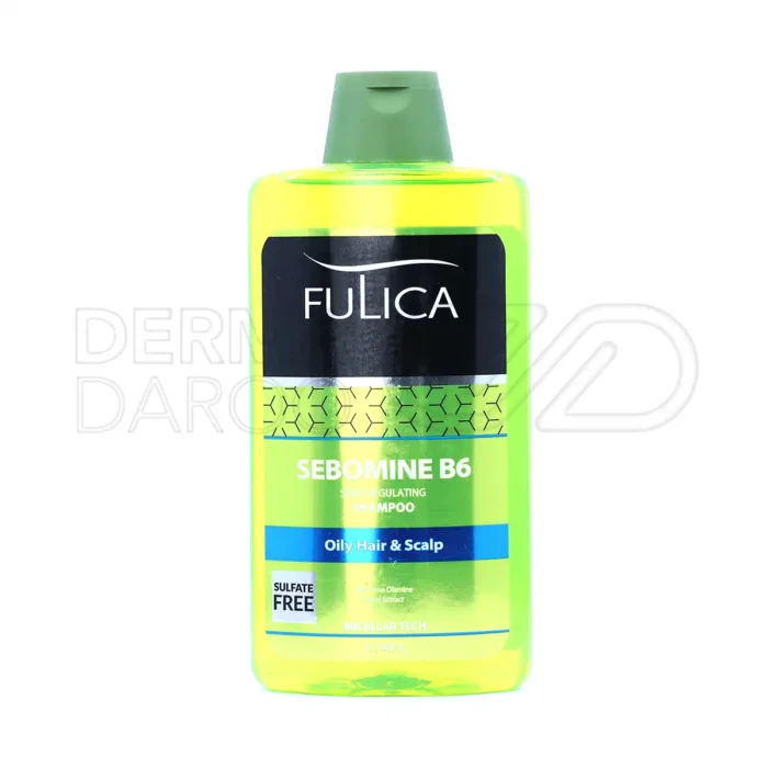 fulica-sebomine-b6-shmapoo (1) شامپو سبومین B6 فولیکا در بطری شفاف، حاوی بیوتین و عصاره گزنه، کنترل کننده چربی موهای چرب، فاقد سولفات