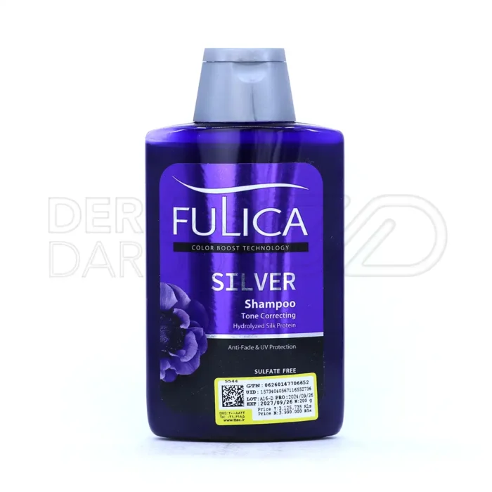 شامپو ضد زردی فولیکا در بطری شفاف، حاوی عصاره لیمو و پروتئین ابریشم، فاقد سولفات، خنثی کننده زردی موهای بلوند