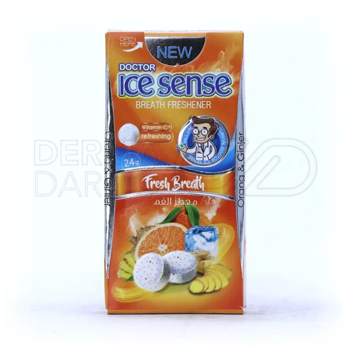 بسته‌بندی قرص مکیدنی آیس سنس، حاوی ویتامین C و صمغ عربی، ضدسرفه، تسکین‌دهنده گلو درد، 24 گرم