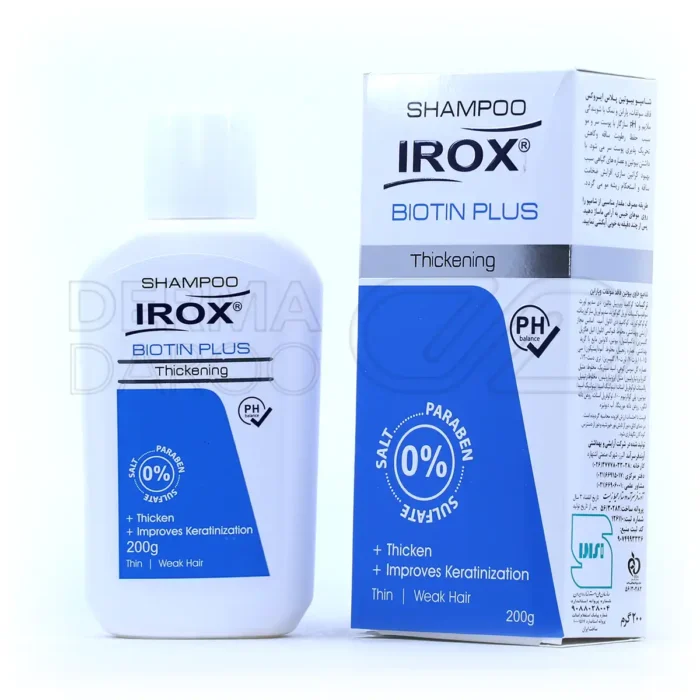 بطری شامپو فاقد سولفات بیوتین پلاس ایروکس، حاوی روغن مورینگا و بیوتین، ضدریزش، ضخیم‌کننده مو، 200 گرم