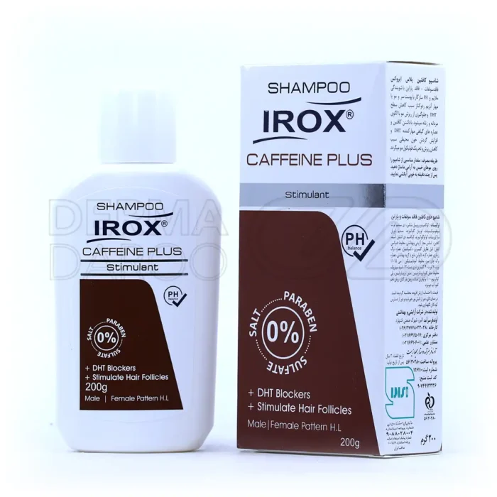 بطری شامپو کافئین پلاس ایروکس، فاقد سولفات، حاوی کافئین و عصاره چای سبز، ضدریزش، تقویت‌کننده مو