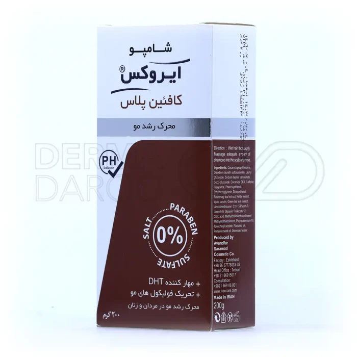 شامپو ایروکس کافئین پلاس، حاوی عصاره چای سبز، فاقد سولفات، افزایش‌دهنده رشد مو، مناسب انواع مو