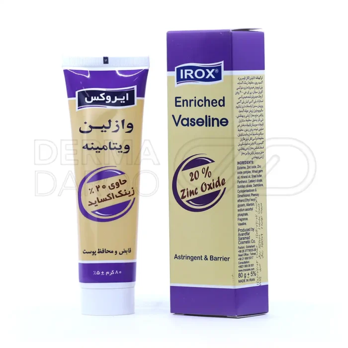 irox-enriched-vaseline-80g (1) کرم وازلین ویتامینه ایروکس در تیوپ سفید، حاوی زینک اکساید و روغن جوانه گندم، مرطوب کننده و ترمیم کننده پوست حساس