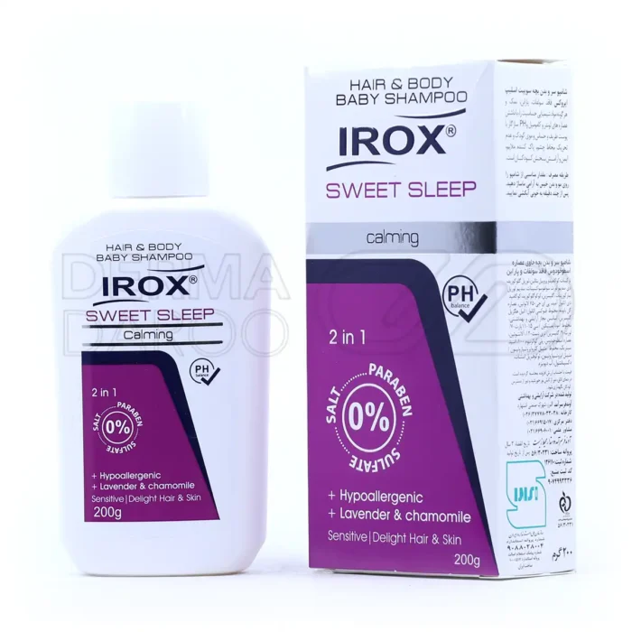 بطری شامپو سر و بدن ایروکس سوییت اسلیپ، حاوی عصاره اسطوخودوس و بابونه، فاقد سولفات، مناسب کودکان