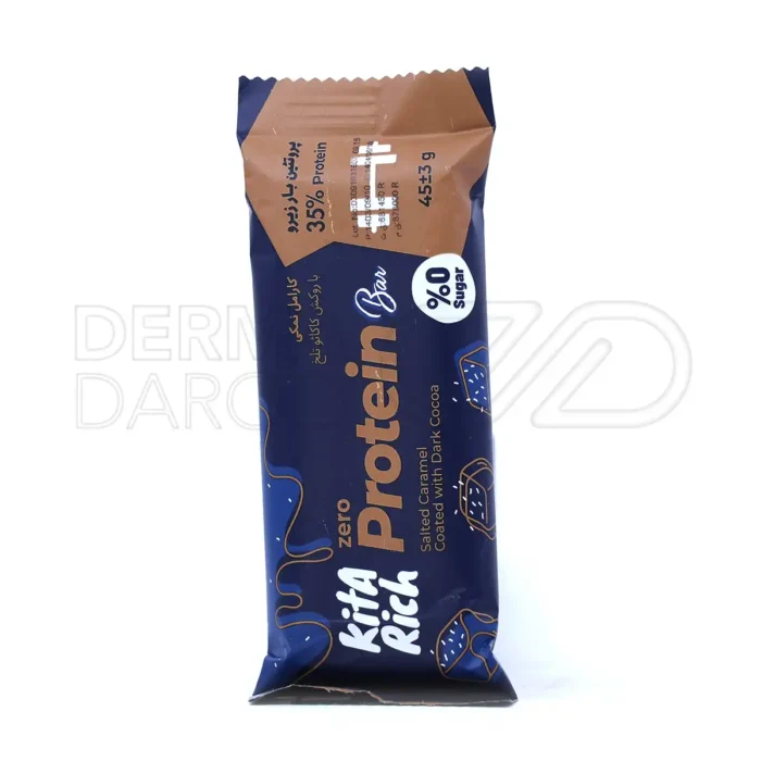 kitarich-zero-protein-bar-salted-caramel پروتئین بار زیرو کیتاریچ کارامل نمکی در بستهبندی جذاب، فاقد شکر، 35% پروتئین، میان وعده مقوی ورزشکاران