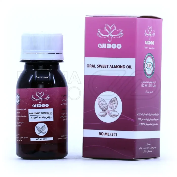 mahdarou-oral-sweet-almond-oil (1) روغن بادام شیرین مهدارو در بطری شفاف، 100% خالص، تقویت کننده پوست و مو، ضد چروک و یبوست