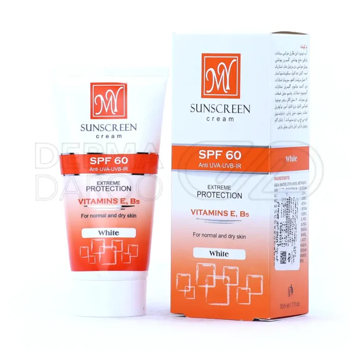 کرم ضد آفتاب مات بدون رنگ در تیوپ سفید، حاوی گلیسریل استئارات، آبرسان، مناسب پوست نرمال و خشک