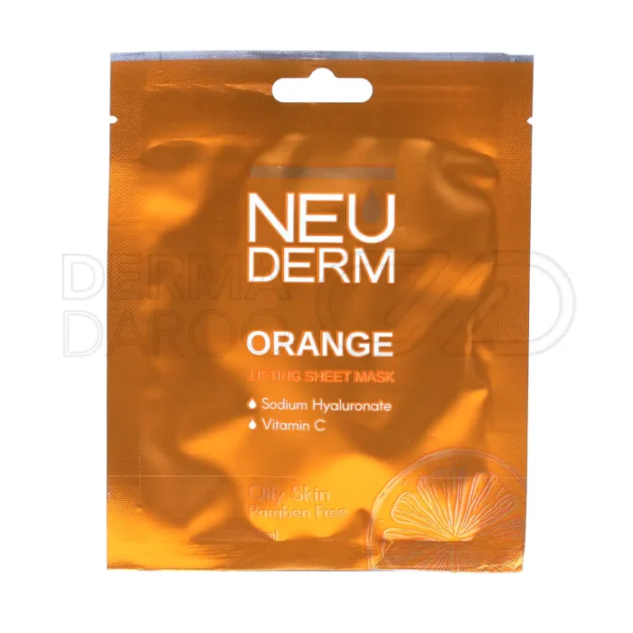 neuderm-orange-lifting-sheet-mask (1) بستهبندی ماسک صورت نئودرم با عصاره پرتقال، مناسب پوست چرب، ضدجوش و آکنه، حاوی ویتامین C، آبرسان و جوانساز، 25 گرمی