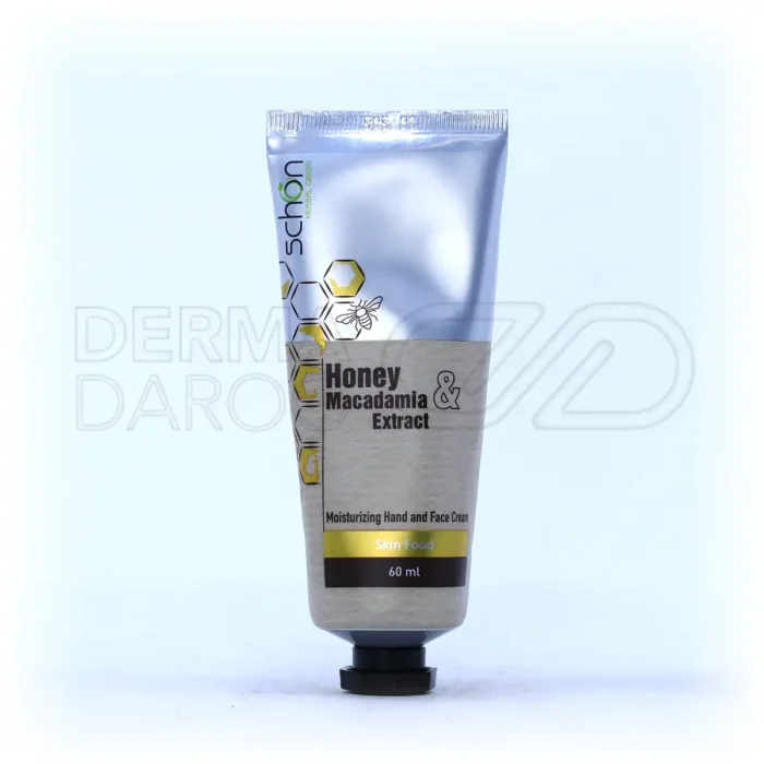 schon-honey-and-macadamia-extract-moisturizing-hand-and-face-cream-60ml (1) تیوب کرم مغذی دست و صورت شون، حاوی عصاره عسل و ماکادمیا، آبرسان، ضدالتهاب، با ویتامین A و B