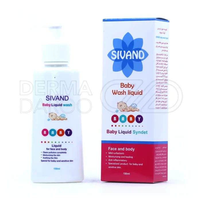 شوینده ملایم صورت و بدن سیوند در بطری شفاف، حاوی آلوئه ورا و بابونه، مرطوب کننده پوست حساس کودک، فاقد عطر