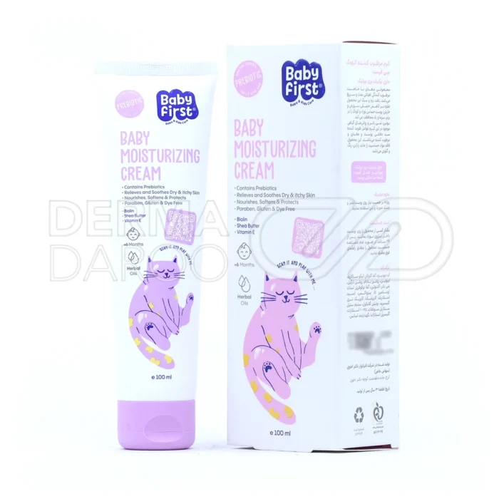بسته بندی کرم مرطوب کننده گیاهی کودک بیبی فرست 100 میلی لیتر با فرمولاسیون گیاهی و رطوبت رسانی عمیق
