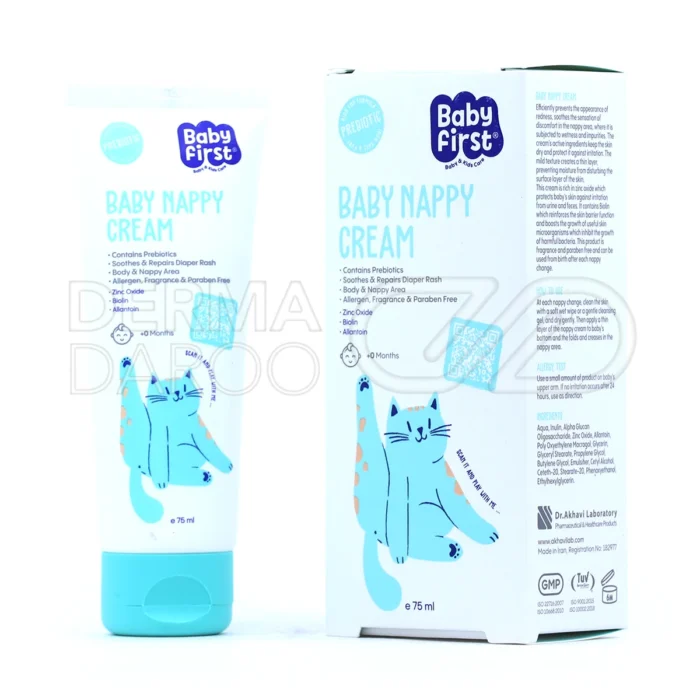 بسته بندی کرم محافظ پای کودک بیبی فرست با ترکیبات پری بیوتیک و زینک اکساید برای جلوگیری از التهاب و سوختگی