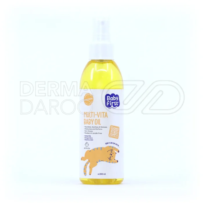 بسته بندی روغن بچه ویتامینه بیبی فرست با خاصیت مرطوب کنندگی و جذب سریع برای محافظت از پوست حساس کودک