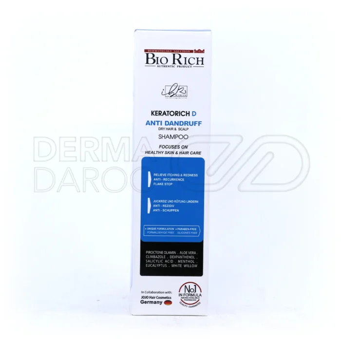 شامپو ضد شوره keratorich بایوریچ در بطری سفید با عصاره نعناع و بابونه برای درمان شوره و آبرسانی پوست سر خشک