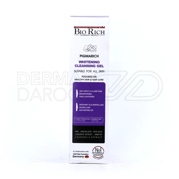 ژل شستشو پیگماریچ بایوریچ در تیوب سفید با ترکیب آربوتین، کوجیک اسید و عصاره لیمو برای روشن کنندگی و کاهش لک پوست