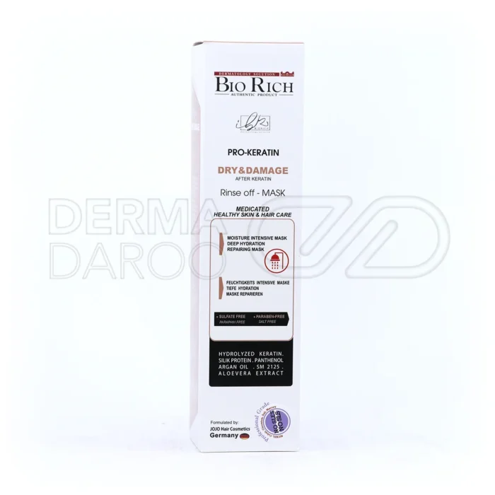 bio-rich-pro-keratin-hair-mask (1) ماسک مو کراتین بایوریچ در تیوب سفید با پروتئین ابریشم، روغن آرگان و آلوئه ورا برای ترمیم موهای کراتینه و پلاتینه