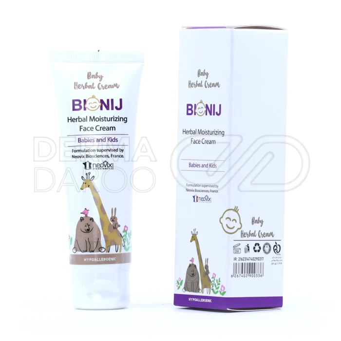 تیوب کرم مرطوب کننده صورت کودک بیونیج، حاوی آلوئه ورا و کره شی، آبرسان، ضد التهاب، مناسب پوست حساس نوزاد