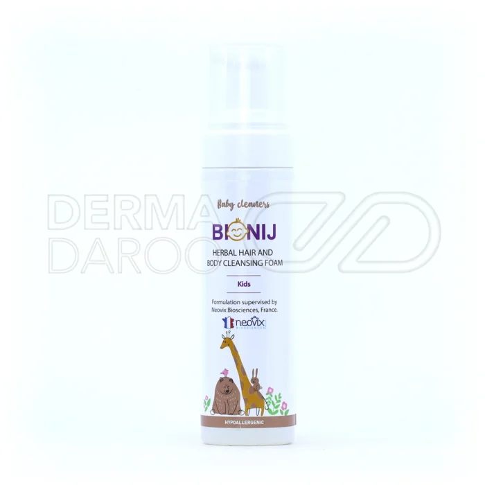 بطری فوم شوینده کودک بیونیج، حاوی آلوئه ورا و کره شی، ملایم، مرطوب کننده، مناسب پوست حساس نوزاد، فاقد پارابن