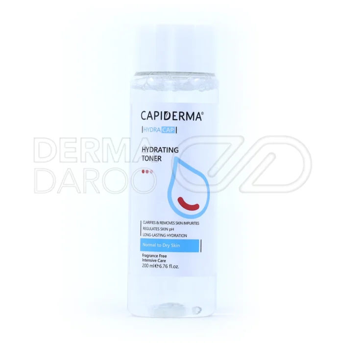 بطری تونر کپیدرما با طراحی شیک و مناسب پوست خشک، حاوی ترکیبات آبرسان و التیام بخش، بدون الکل، برای پاکسازی ملایم پوست
