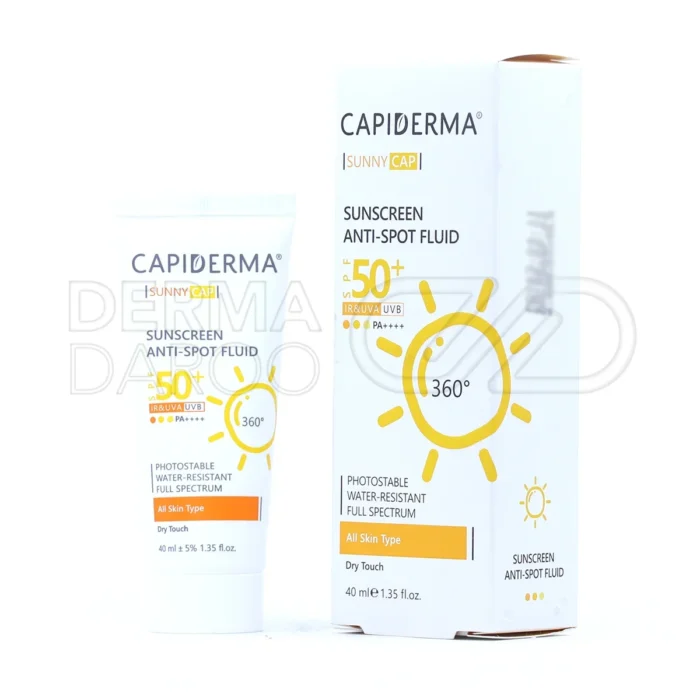 capiderma-sunny-cap-sunscreen-anti-spot-fluid-spf50 (1) فلوئید ضد آفتاب کپیدرما SPF 50 در تیوب، حاوی عصاره شیرین بیان و هیالورونیک اسید، روشن کننده پوست