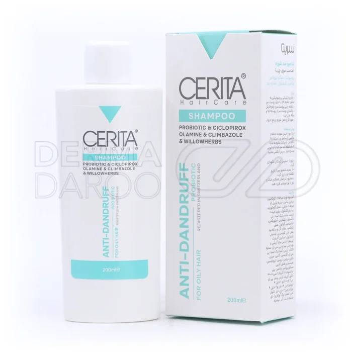 شامپو ضد شوره سریتا در بطری سفید با کلیمبازول، زینک پیریتیون و عصاره بید برای پاکسازی و رفع خارش پوست سر چرب