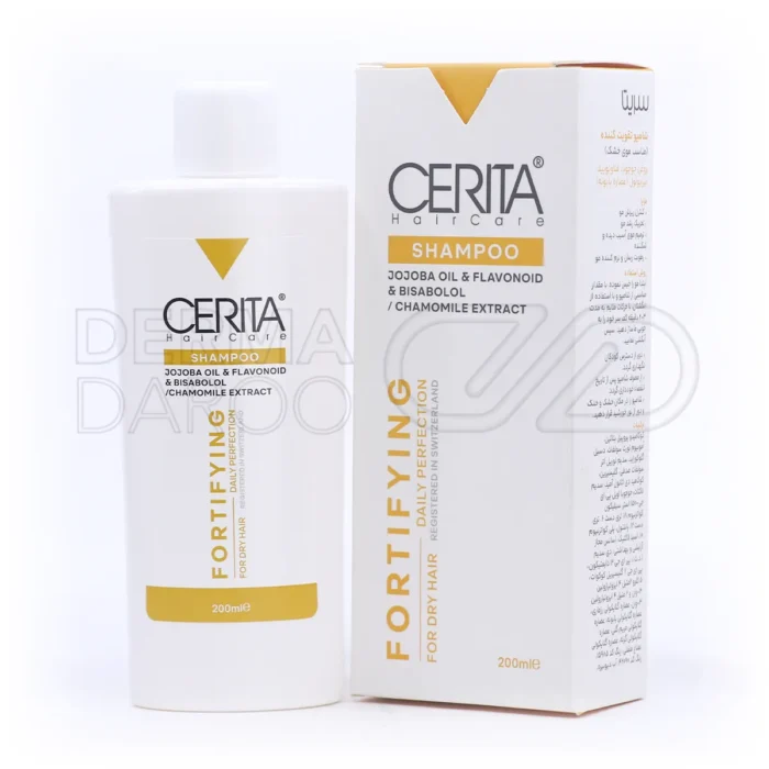 cerita-fortifying-shampoo-dry-hair (1) شامپو ضد ریزش موی خشک سریتا در بطری سفید با روغن جوجوبا و عصاره رزماری برای آبرسانی و تقویت موهای خشک و آسیبدیده