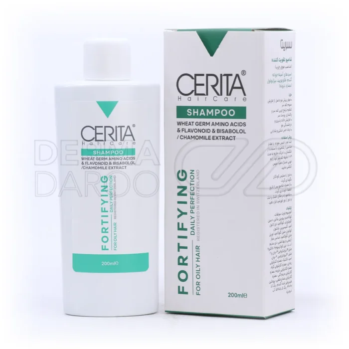 cerita-fortifying-shampoo-oily-hair (1) شامپو تقویت موی چرب سریتا در بطری سفید با عصاره گزنه و رزماری برای تنظیم چربی سر و تقویت فولیکول مو