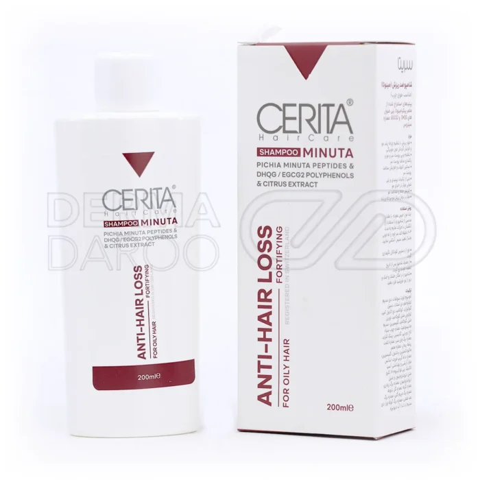 بطری شامپو مینوتا سریتا 200 میلی‌لیتر، حاوی عصاره سیتروس گراندیس، ضد ریزش، تقویت مو، کنترل چربی، مناسب موی چرب