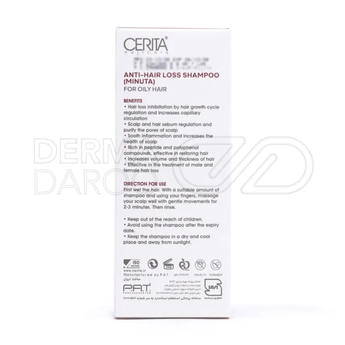 شامپو مینوتا سریتا با پپتیدهای پیکیا مینوتا، ضد ریزش، تقویت فولیکول مو، کنترل چربی سر، مناسب موی چرب