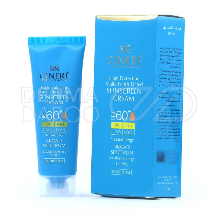تیوب کرم ضد آفتاب رنگی سینره SPF60، محافظ UVA و UVB، فاقد چربی، پوشانندگی طبیعی، مناسب پوست چرب، جلوه مات