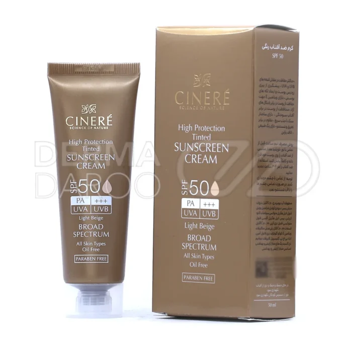 تیوب کرم ضد آفتاب رنگی سینره SPF50، محافظ UVA و UVB، حاوی ویتامین E، پوشانندگی ملایم، مناسب انواع پوست، فاقد پارابن