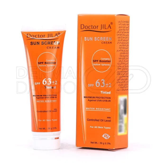 doctor-jila-tinted-sunscreen-cream-spf63-controlled-oil-level (1) تیوب کرم ضد آفتاب SPF63 دکتر ژیلا، حاوی عصاره آلوئه ورا و ویتامین C، محافظ UVA و UVB، مرطوب کننده، ضد چروک
