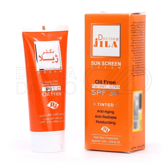 تیوب کرم ضد آفتاب SPF30 دکتر ژیلا، حاوی آلوئه ورا و ویتامین C، فاقد چربی، محافظ UVA و UVB، ضد چروک