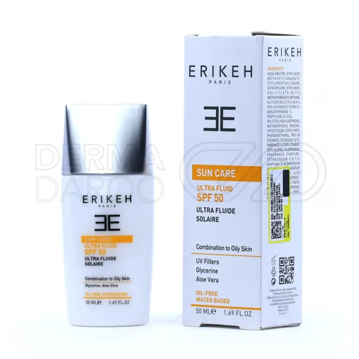 erikeh-ultra-fluid-spf50-combination-to-oily-skin (1) کرم ضد آفتاب اریکه SPF 50 در تیوپ سفید، فاقد چربی، حاوی تیتانیوم دی اکساید، مناسب پوست چرب و آکنهدار
