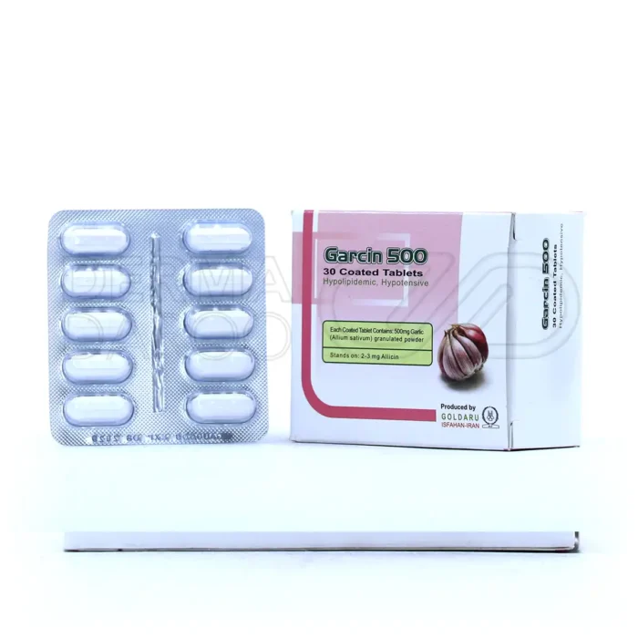 قرص گارسین گل دارو در بسته‌بندی، حاوی 500 میلی‌گرم پودر سیر، کاهنده کلسترول و فشار خون